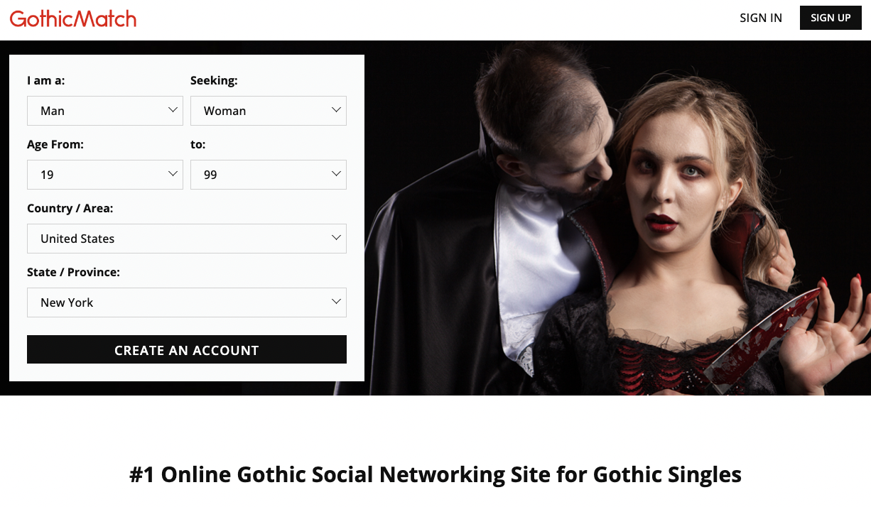 Costume - GothicMatch I am a Man Age From 19 CountryArea United States StateProvince New York Seeking to Woman 99 Create An Account Online Gothic Social Networking Site for Gothic Singles Sign In Sign Up